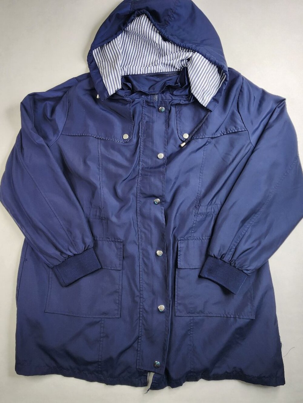 FLAW Bloggerlove Women's XXL Hooded Rain Jacket Navy Blue Striped Lining w/ Hood